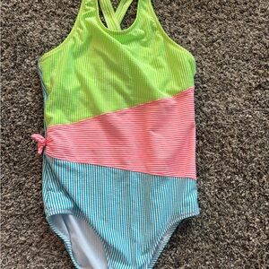 Lands' End Girls' Neon Lime, Coral Pink & Aqua Striped One-Piece Swimsuit